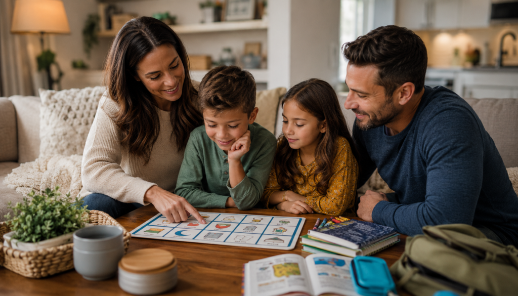 Family creating a calm daily routine at home with parents, children, activity chart, books, school bag, and peaceful communication.