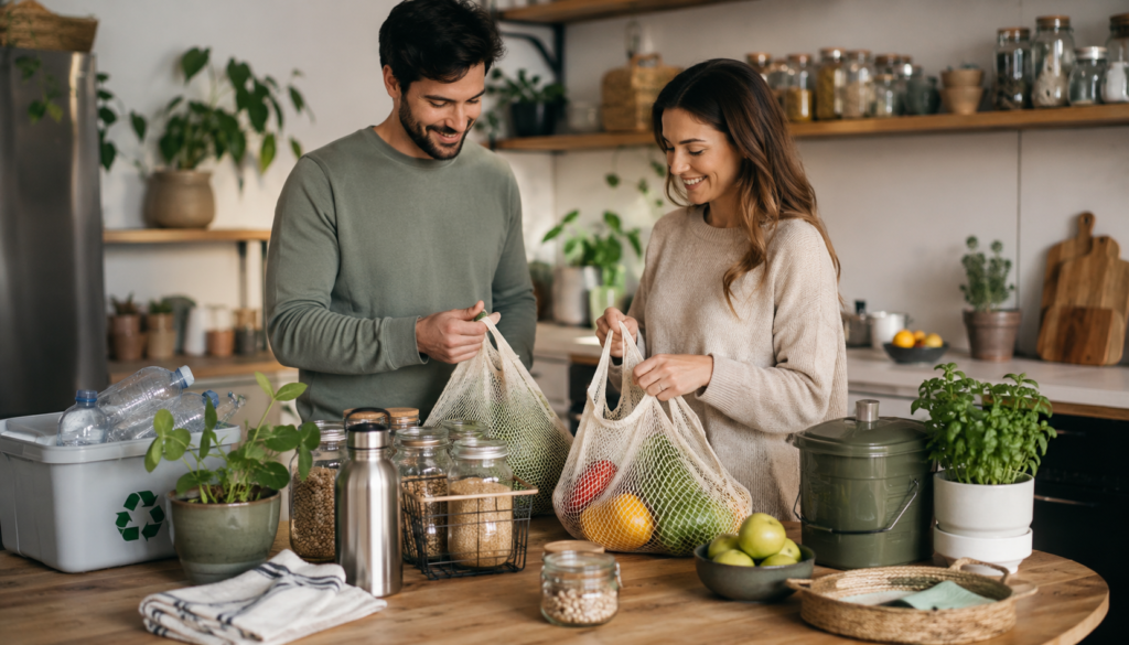 Couple making sustainable home changes with reusable produce bags, glass jars, recycling bin, compost bucket, plants, and low-waste kitchen habits.