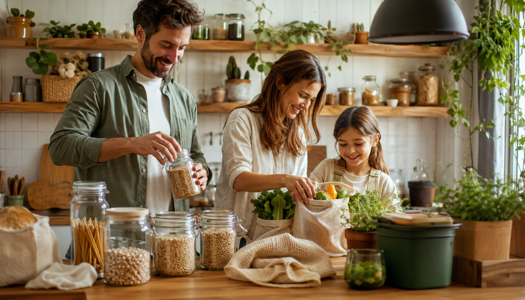 Family making small sustainable home changes in a bright eco-friendly kitchen with reusable bags, glass jars, fresh produce, plants, and compost supplies.