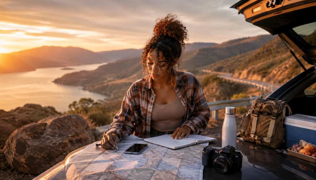 Solo traveler planning a 3-day budget road trip with a map, notebook, smartphone, camera, backpack, and packed car at a scenic golden-hour overlook.