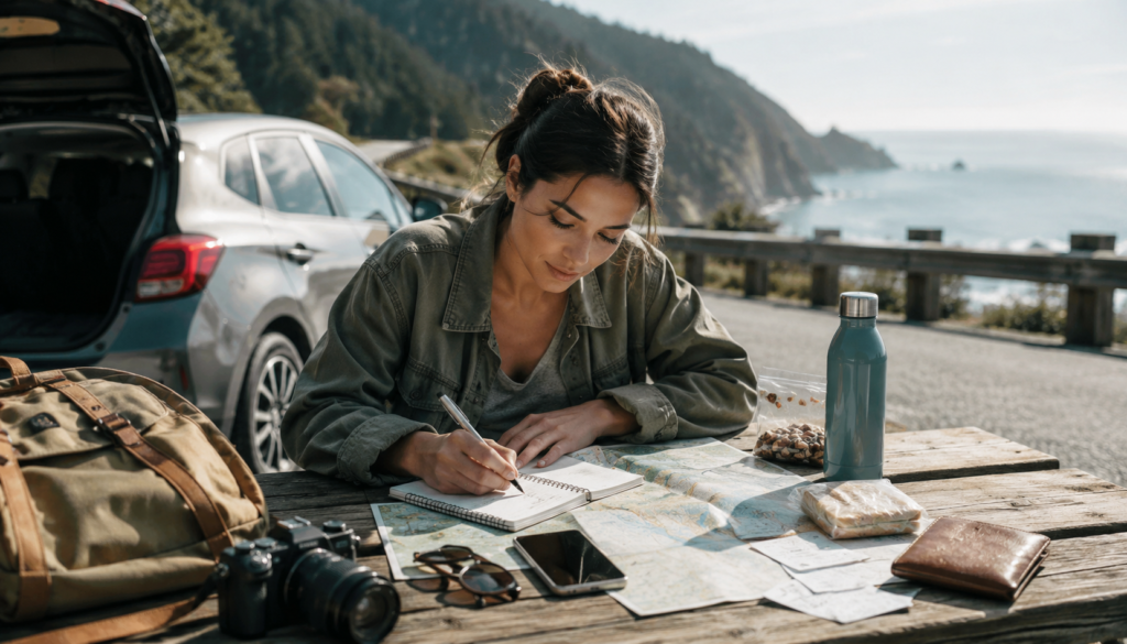Solo traveler planning a 3-day budget road trip with a map, notebook, car, backpack, camera, snacks, phone, and coastal view.