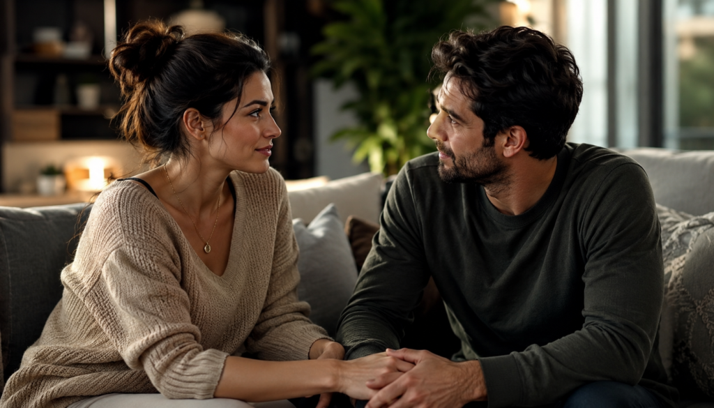 Rebuilding Communication After Distance in Relationships - Eramag Magazine – Business, AI & Digital Growth Couple holding hands during a calm conversation on a cozy sofa, showing emotional reconnection, trust rebuilding, and communication after distance in a relationship.