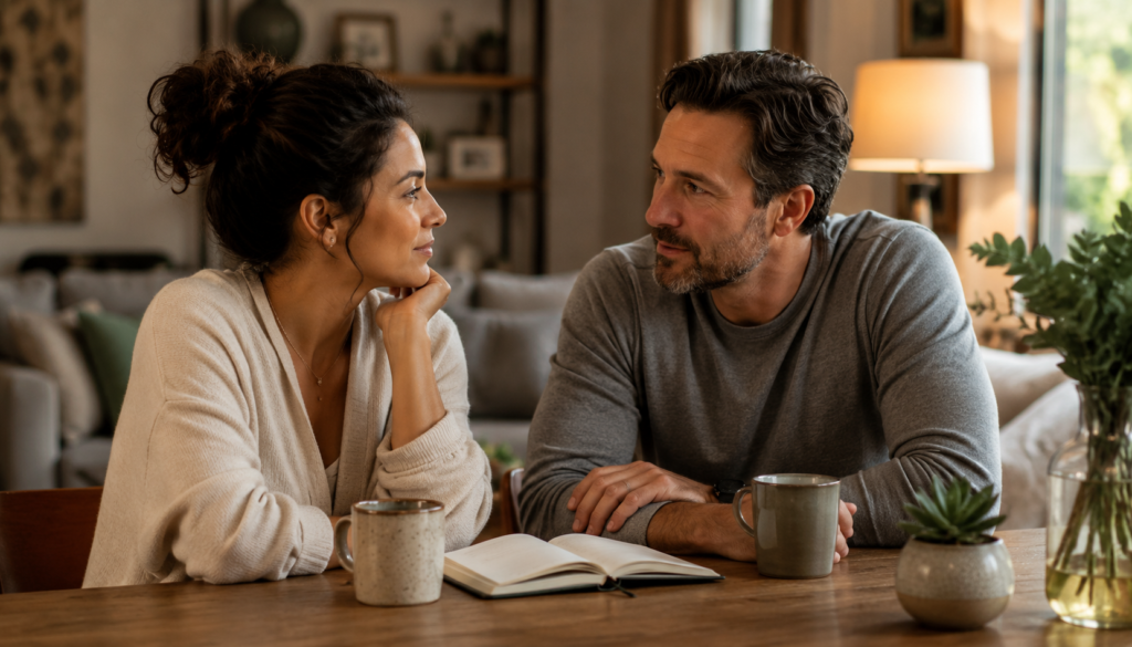 Rebuilding Communication After Distance in Relationships - Eramag Magazine – Business, AI & Digital Growth Couple rebuilding communication after emotional distance with warm eye contact, calm body language, coffee mugs, and a quiet home conversation.