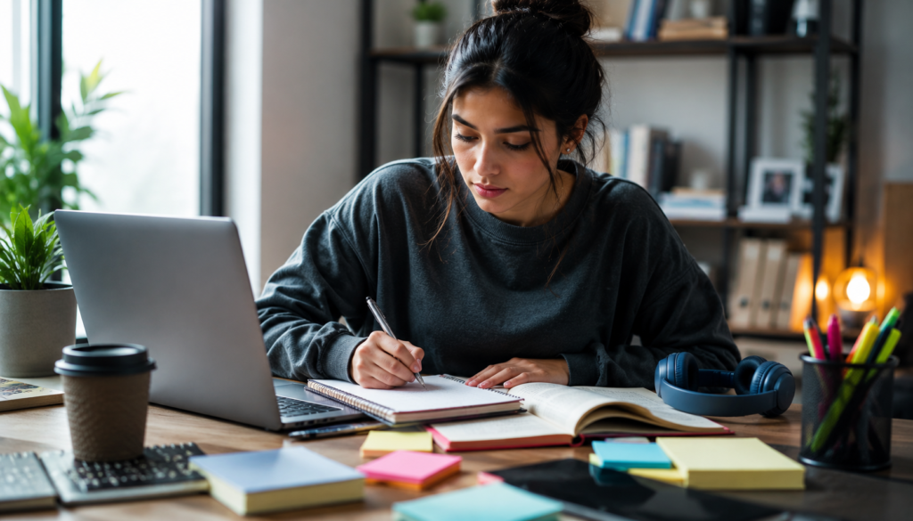 Focused freelancer using a laptop, planner, notes, and digital tools to improve productivity with mobile AI apps in a modern workspace.