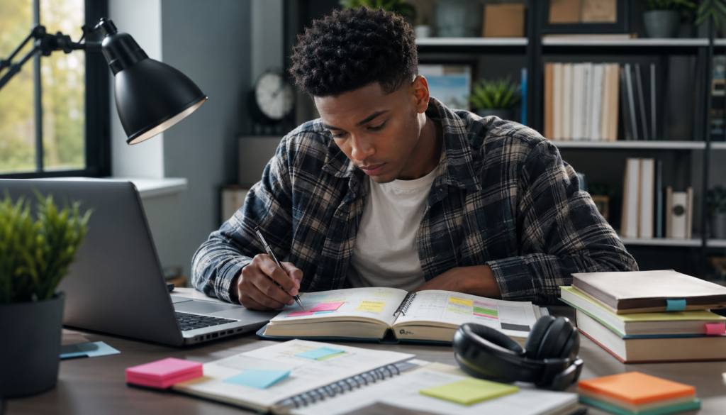 Focused student using a laptop, planner, notebooks, headphones, and sticky notes to build a study system that improves time management and productivity.