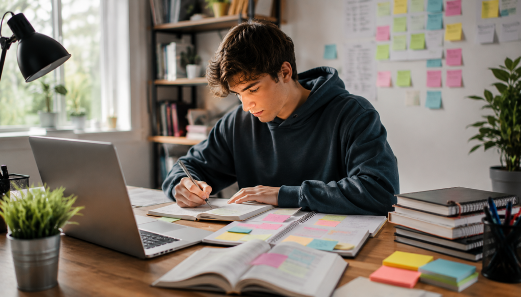 Focused student using a laptop, planner, notebooks, and sticky notes to build a study system that saves time and improves productivity.