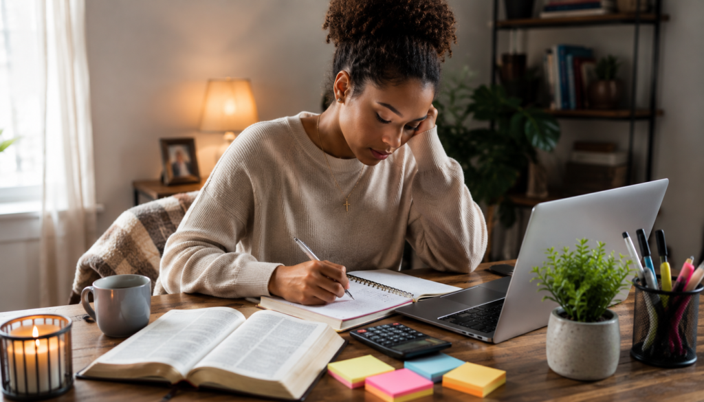 Christian woman planning debt payoff with an open Bible, calculator, laptop, notebook, and budget notes in a warm home workspace.