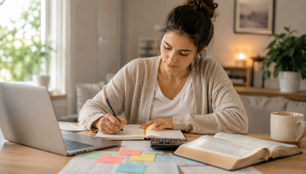 Christian woman planning debt payoff with a Bible, calculator, laptop, and budget notes in a calm home workspace.