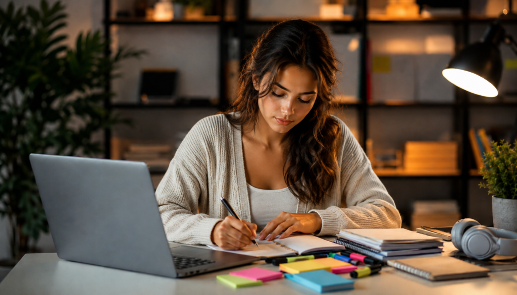 Young woman writing in a journal beside a laptop in a calm evening workspace, building a restful bedtime routine for better sleep.
