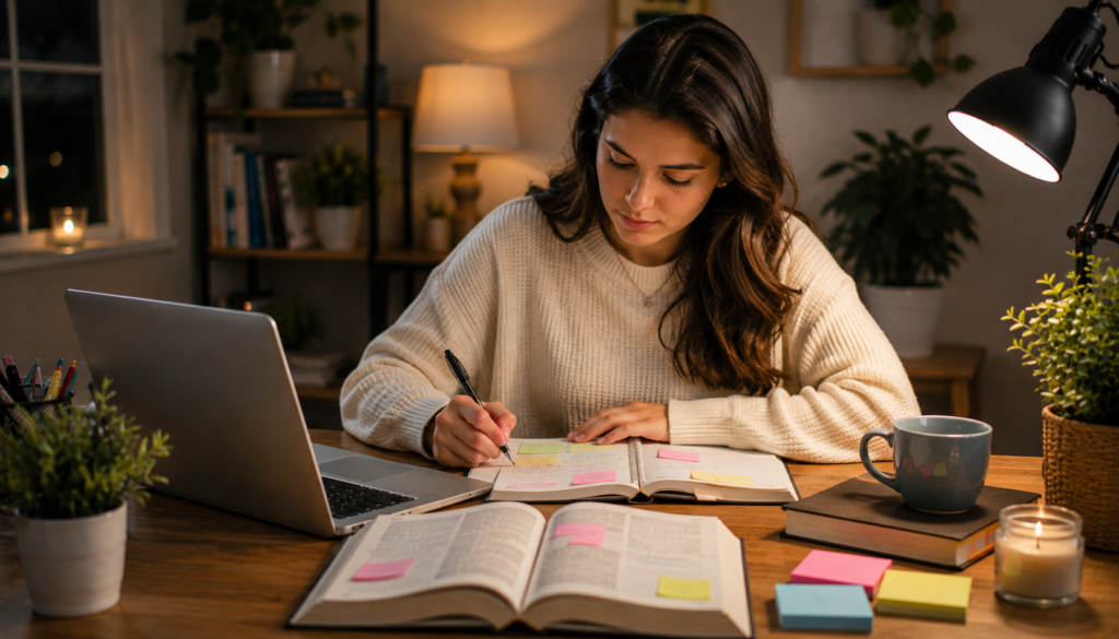 Young woman planning a calming evening routine with a notebook, candle, and laptop in a cozy bedroom workspace for better sleep.