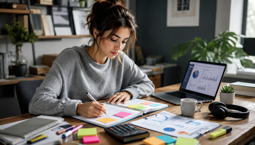 Focused freelancer planning an emergency fund with a laptop, calculator, budget notes, and financial charts in a modern home workspace.