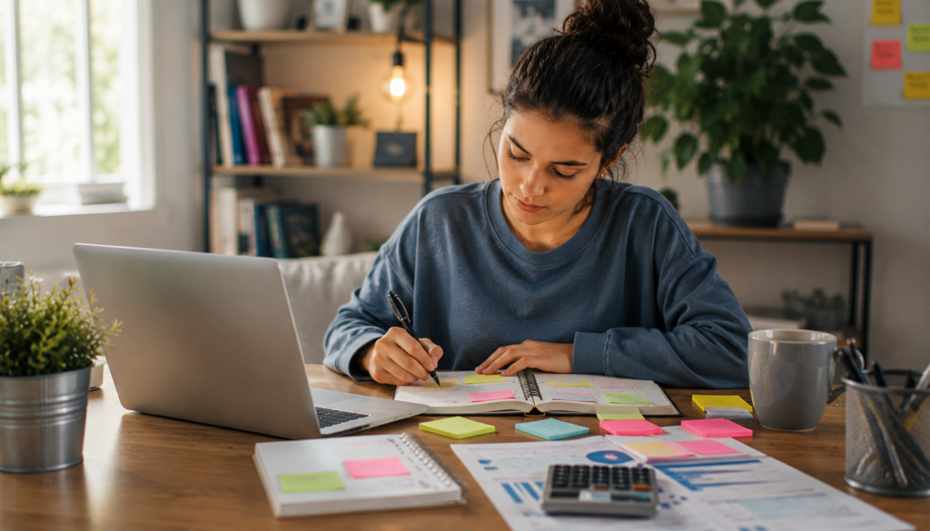 Freelancer planning an emergency fund with a laptop, calculator, budget notes, and savings charts in a bright home office.