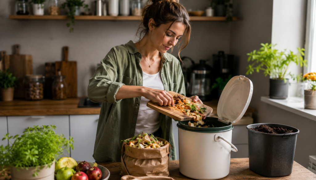 Woman turning kitchen food scraps into compost with a countertop bin, fresh produce, herbs, and soil in a bright eco-friendly kitchen.