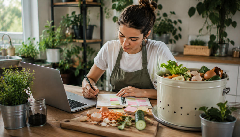 Woman planning kitchen composting with vegetable scraps, compost bin, laptop, and notes in a bright eco-friendly kitchen.