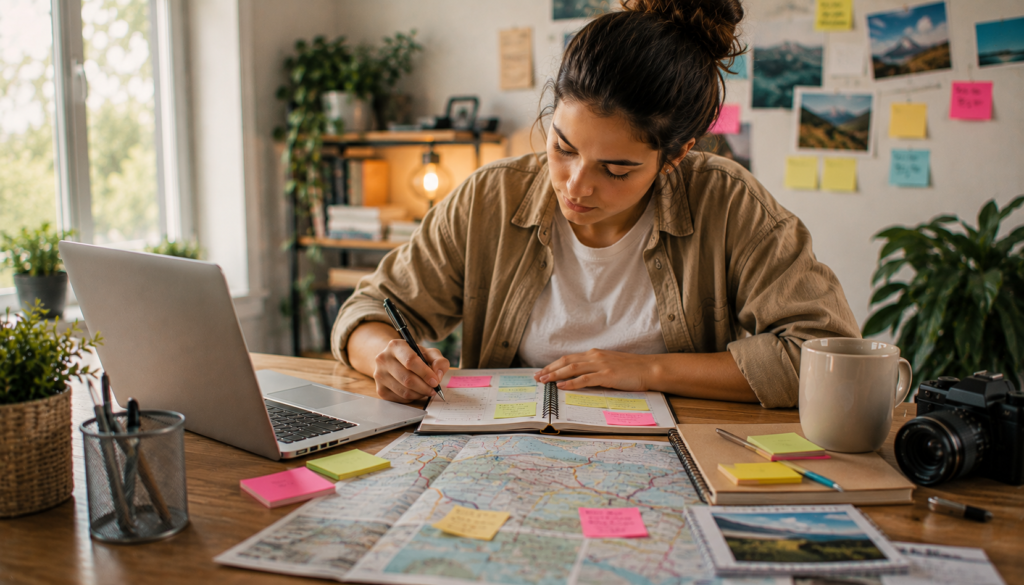 Woman planning a 7-day family road trip with maps, laptop, planner, and travel notes for a budget-friendly vacation.