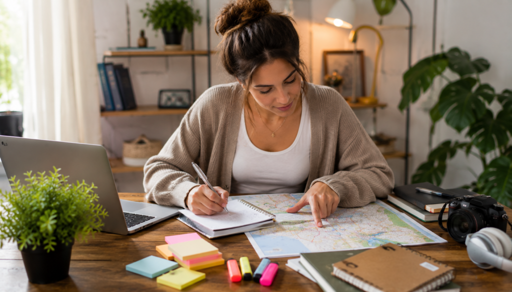 Woman planning a 7-day family road trip itinerary on a map with a laptop, notebook, camera, sticky notes, and travel essentials.