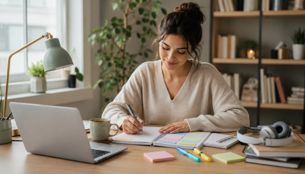 Young woman journaling at a calm home workspace with a laptop, planner, tea, headphones, and soft natural light while recovering from burnout.