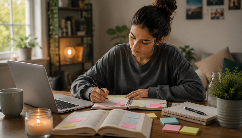 Young woman creating a gentle burnout recovery plan with a laptop, planner, candle, and notes in a calm self-care workspace.