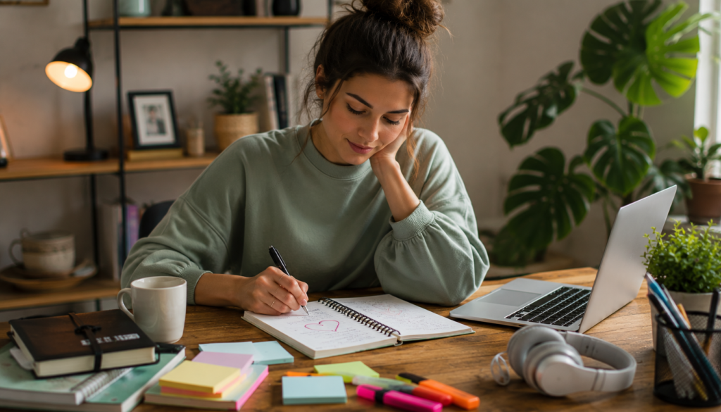 Woman writing a relationship communication plan in a notebook with a heart symbol, laptop, headphones, and notes in a calm home workspace.