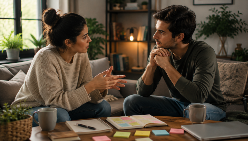 Couple having a thoughtful conversation with notes and a laptop in a cozy living room to repair relationship communication.