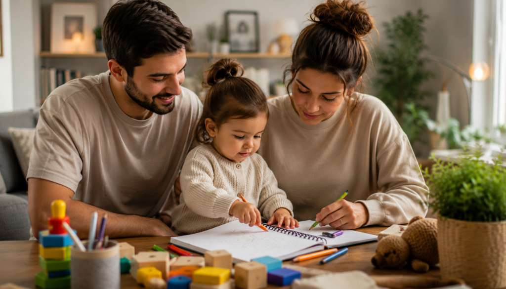 Parents calmly guiding a toddler during drawing time at home, showing gentle discipline, positive communication, and peaceful family connection.