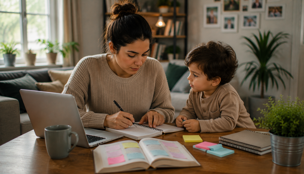 Parent calmly guiding a toddler at home with a notebook, laptop, and gentle discipline plan for positive parenting.
