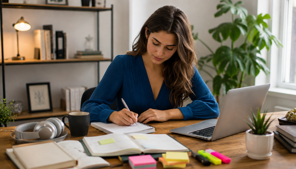 Focused digital marketer in a blue dress working at a laptop with notes and planning tools to fix email marketing funnel problems and recover sales.