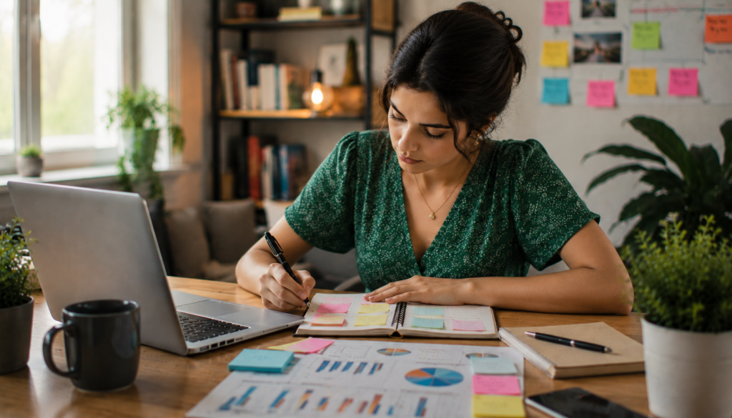 Focused digital marketer reviewing email funnel performance with a laptop, planner, sticky notes, and sales analytics in a modern workspace.