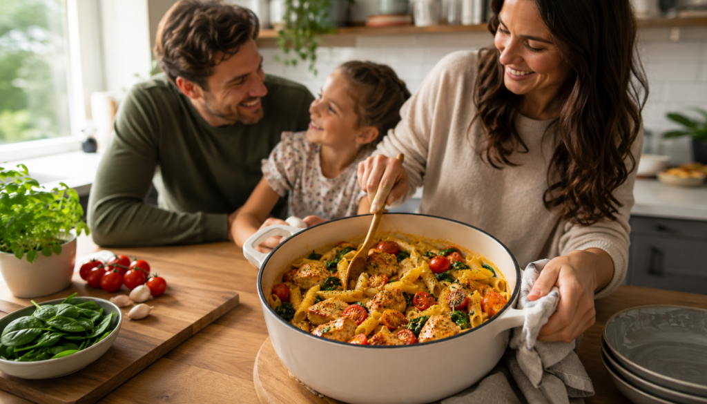 Happy family cooking a 30-minute one-pot pasta meal together in a cozy kitchen as a homemade alternative to takeout.