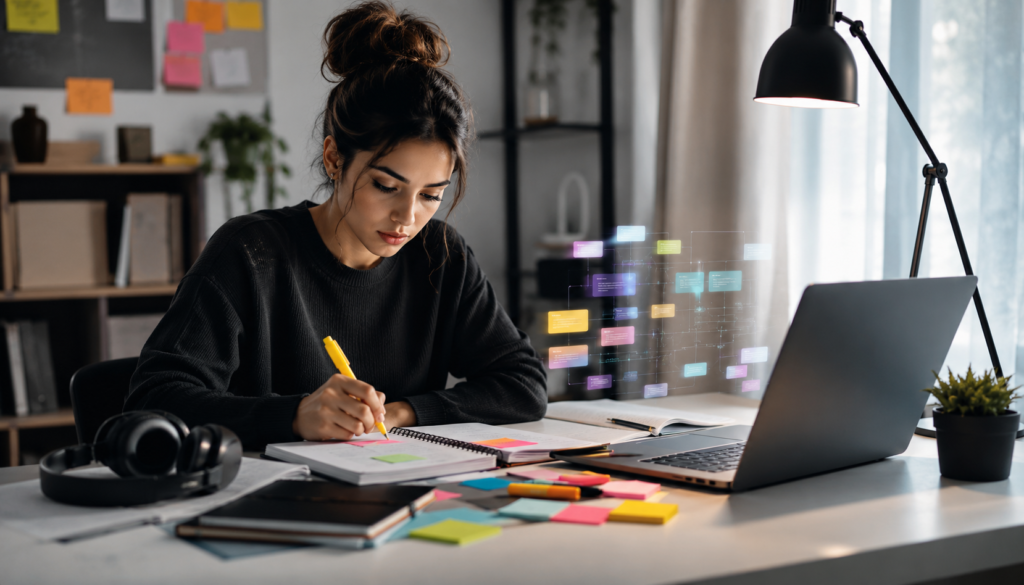 Focused freelancer using AI tools, laptop, planner, sticky notes, and digital workflow panels to turn overwhelm into productive output.