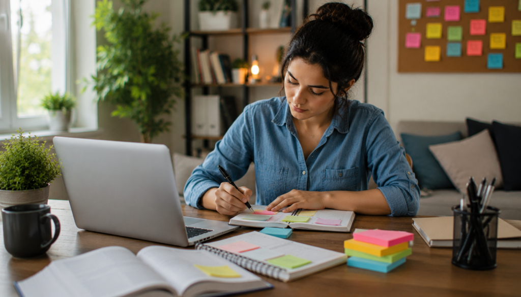 Freelancer using a laptop, planner, and organized workspace to turn overwhelm into focused output with AI productivity tools.