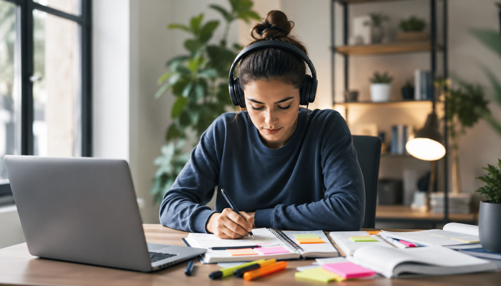 Focused freelancer using AI tools, laptop, planner, sticky notes, and digital workflow visuals to turn overwhelm into productive output.