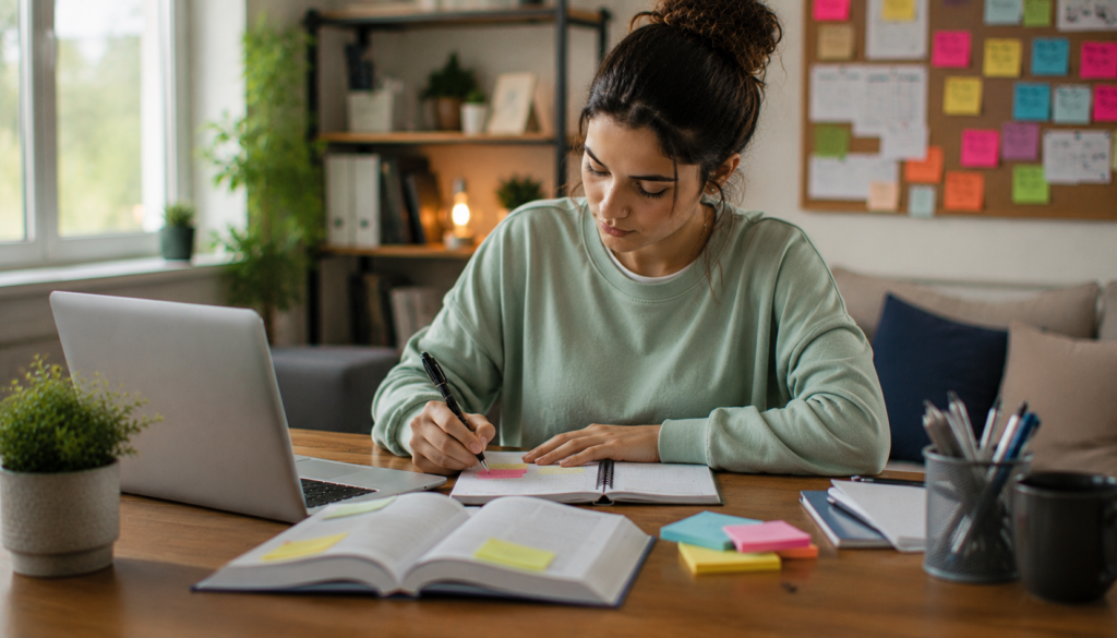 Focused freelancer using a laptop, notebook, and organized workspace to turn overwhelm into productive output with AI tools.