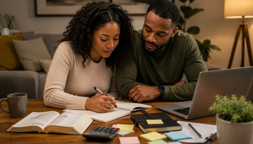Christian couple budgeting together with an open Bible, laptop, calculator, notebook, and financial notes in a warm home setting.