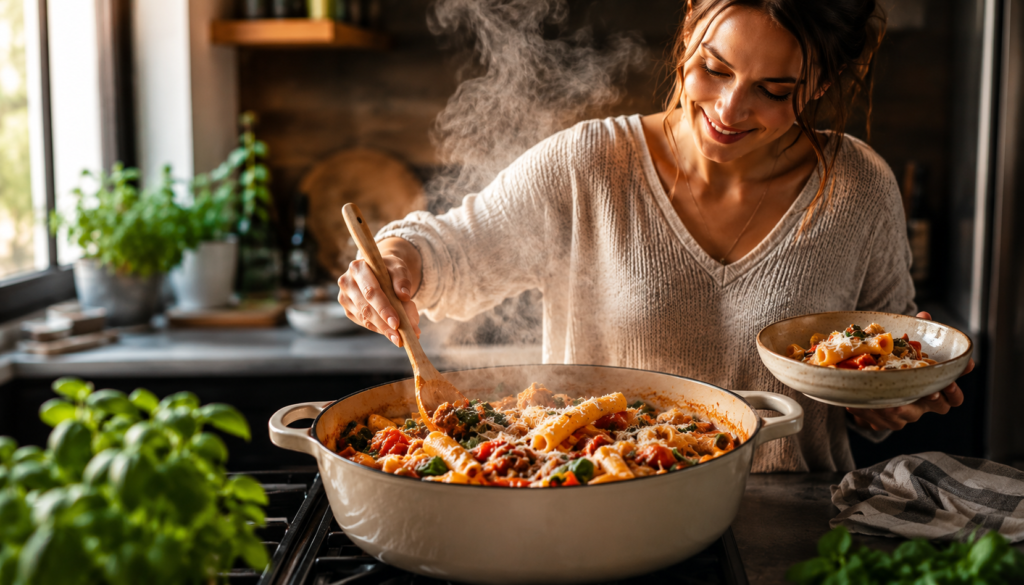 A busy home cook serving a steaming one-pot pasta dinner with vegetables and herbs in a cozy kitchen for an easy weeknight meal.
