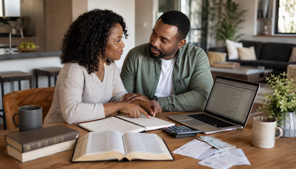A couple rebuilding trust while planning a faith-based budget with an open Bible, calculator, laptop, and tithing notes at home.