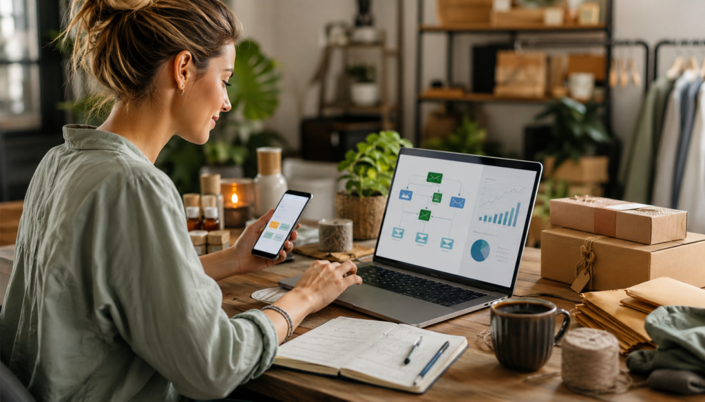 Side-hustle entrepreneur building an email funnel on a laptop to grow hobby income and sell products online.
