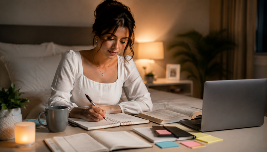 Busy professional in a white dress journaling beside a laptop, candle, tea, and open book while building a practical sleep hygiene routine.