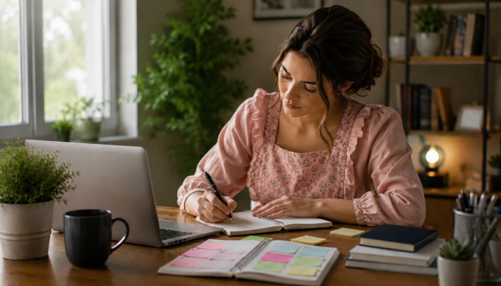 Busy professional planning a calming sleep hygiene routine with a laptop, notebook, and soft lighting in a cozy home workspace.