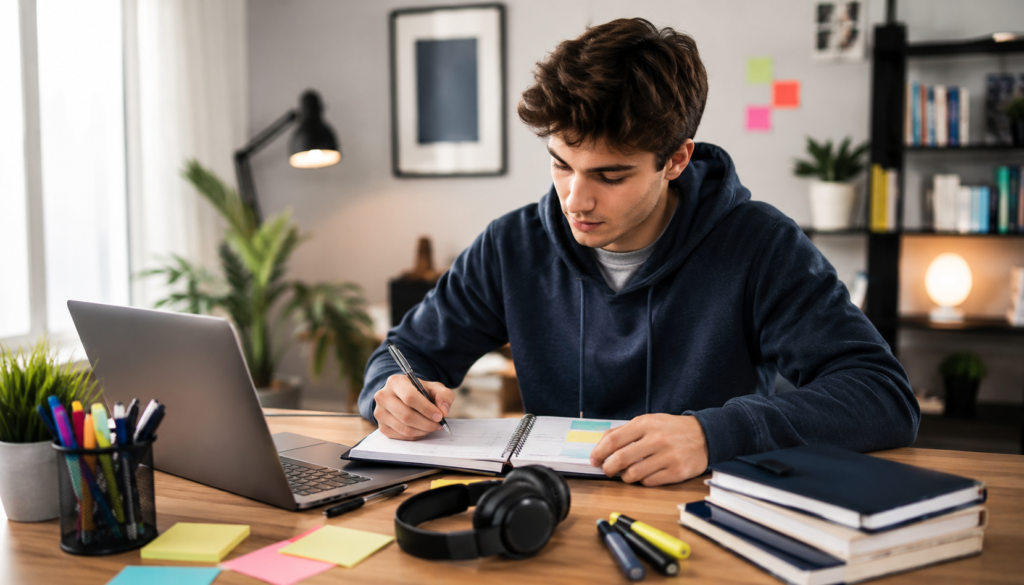 Focused student organizing a laptop, planner, notebooks, sticky notes, and study tools to improve productivity in a modern study space.