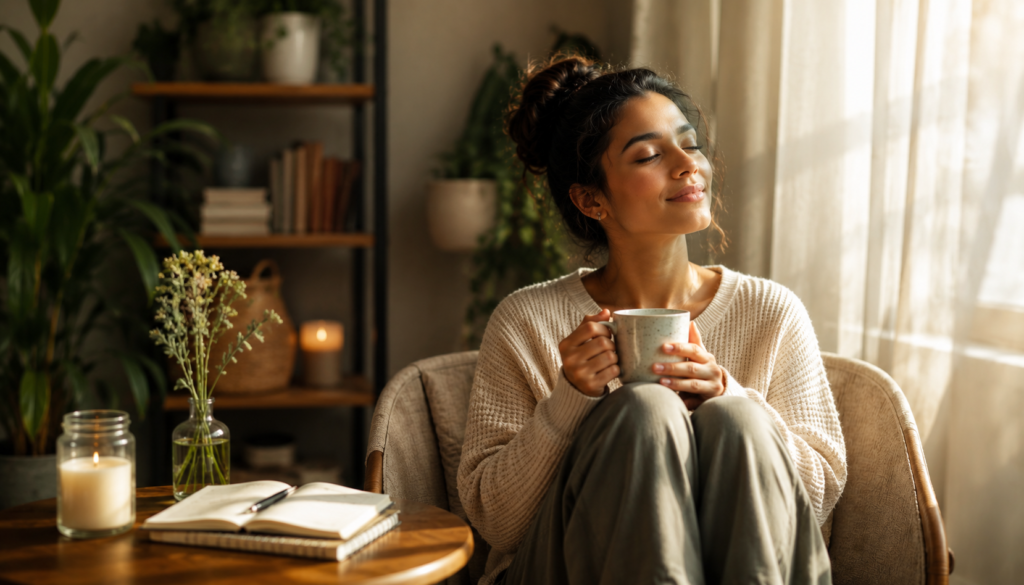 Reset Your Self-Care Routine Without the Pressure - Eramag Magazine – Business, AI & Digital Growth Woman enjoying a calm self-care moment with tea, journaling, candles, books, and warm natural light in a cozy home setting.