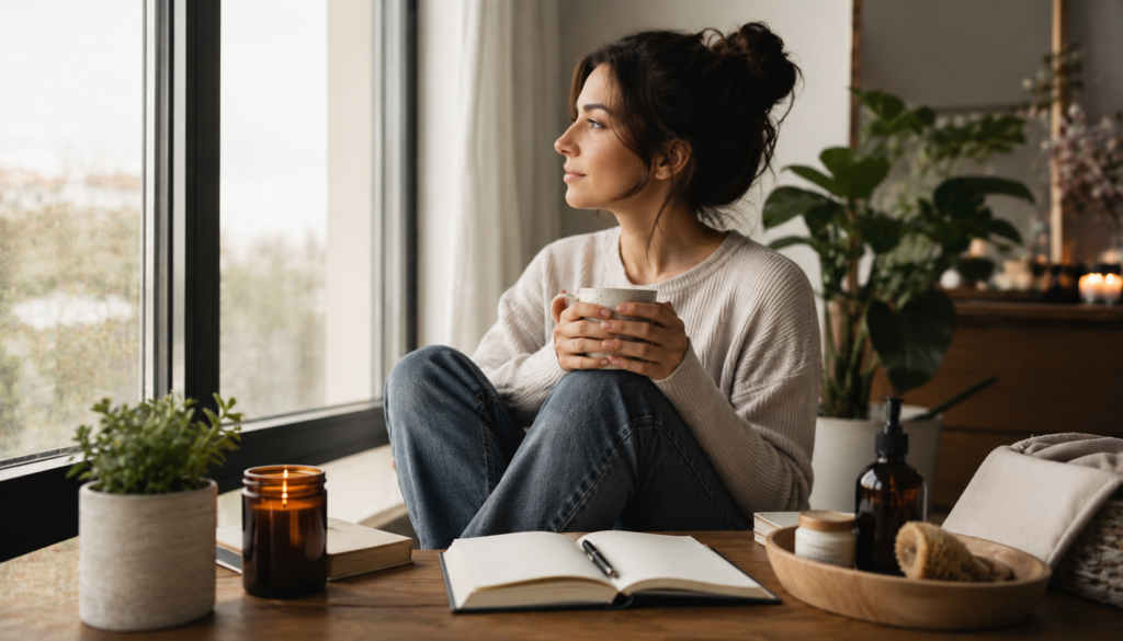Woman resetting her self-care routine at home with tea, journal, plants, candles, and soft natural light for calm personal growth.