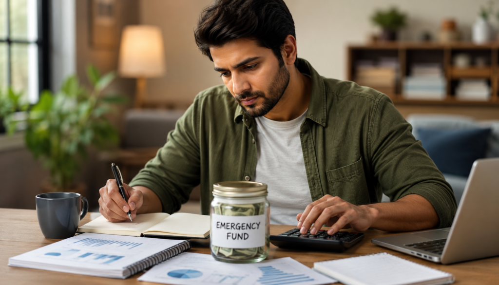 Emergency Fund Plan for Irregular Income - Eramag Magazine – Business, AI & Digital Growth Freelancer planning an emergency fund with a calculator, savings jar, laptop, and budget charts, showing practical money habits for irregular income.