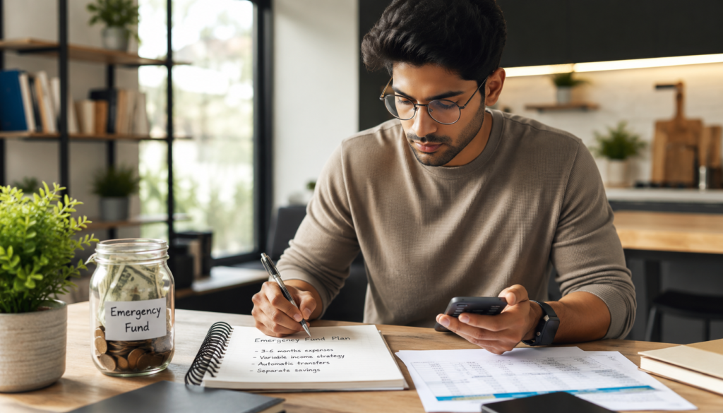 Emergency Fund Plan for Irregular Income - Eramag Magazine – Business, AI & Digital Growth Freelancer planning an emergency fund for irregular income with a savings jar, calculator, notebook, phone, and budget documents.