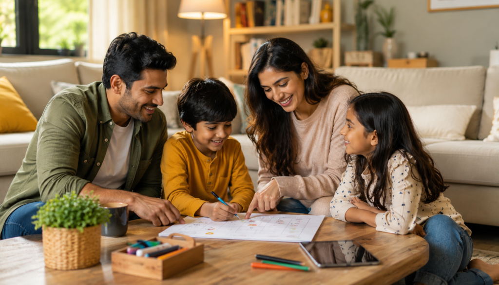 Restore Calm: Family Routines to End Screen-Time Battles - Eramag Magazine – Business, AI & Digital Growth Family creating a screen-time routine chart together in a cozy living room, showing calm parenting, healthy boundaries, communication, and peaceful family routines.