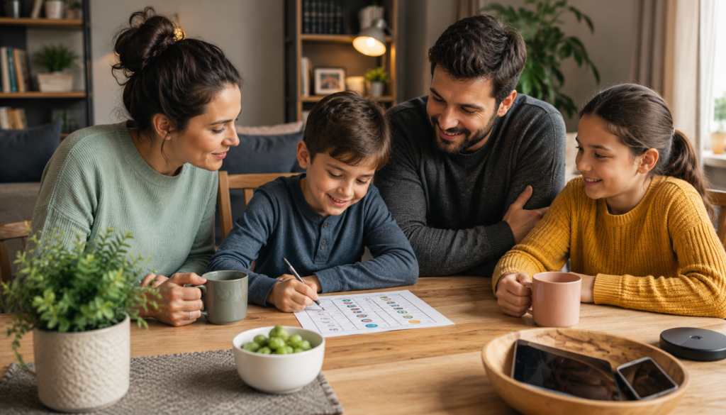 Restore Calm: Family Routines to End Screen-Time Battles - Eramag Magazine – Business, AI & Digital Growth Family creating a calm screen-time routine at home with children, parents, activity chart, and devices set aside in a cozy living room.