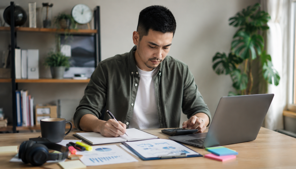 Focused freelancer calculating emergency savings with a laptop, calculator, budget charts, notebook, and financial planning tools in a modern workspace.
