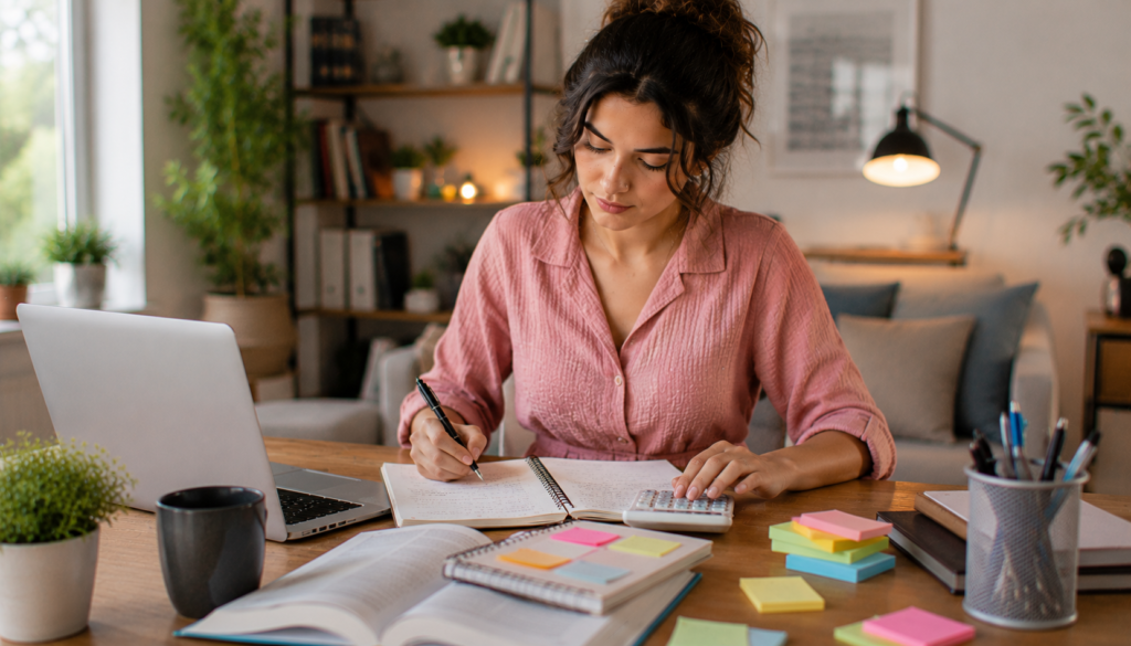 Freelancer planning emergency savings with a laptop, calculator, notebook, and budget notes in a bright home office.