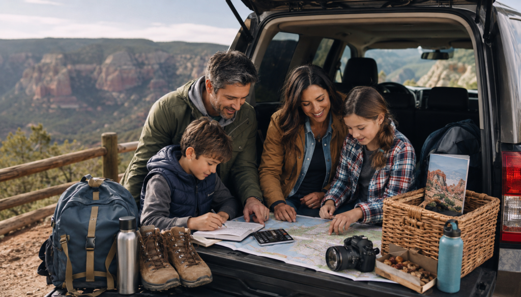 Family planning a 48-hour road trip with a map, budget calculator, hiking gear, snacks, camera, and scenic mountain trail in the background.