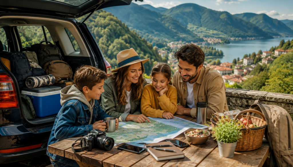 Family planning a 48-hour road trip with a map beside a packed SUV, overlooking a mountain lake with travel gear, picnic items, and scenic trails nearby.